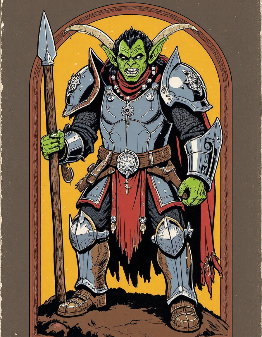 an illusttation of a orc warrior wearing heavy iron armor, dramatically lit, 1ms shutter speed, back lighting, F 2.8 lens, in the style of st3v3n_r0hod3s