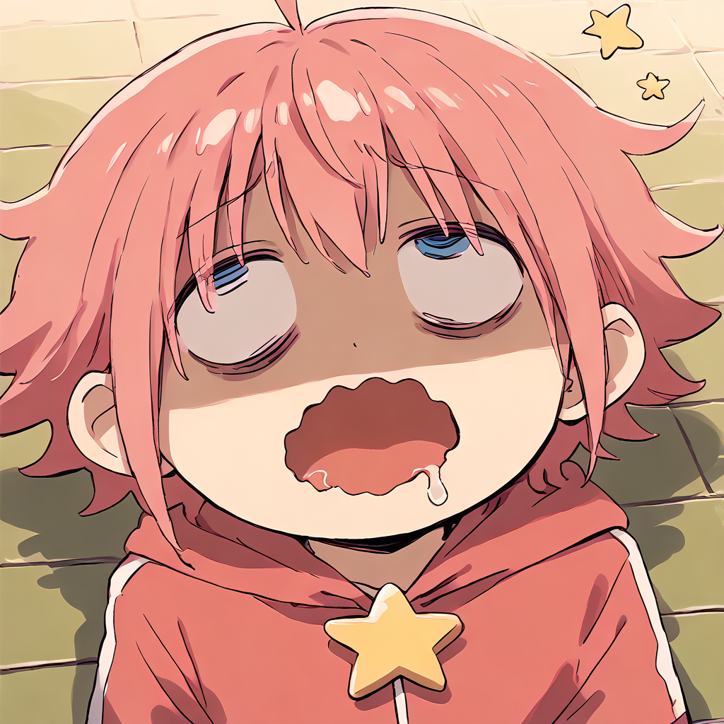 <lora:Kirby_Gijinka:1> pink hair, solo, blue eyes, 1boy, short hair, star (symbol), ahoge
 <lora:meme_bocchianxiety_ponyXL:0.8> bocchianxiety, open mouth, wavy mouth, mouth drool, rolling eyes, on floor