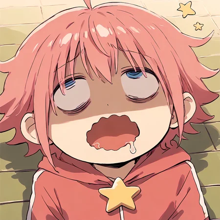 <lora:Kirby_Gijinka:1> pink hair, solo, blue eyes, 1boy, short hair, star (symbol), ahoge
<lora:meme_bocchianxiety_ponyXL:0.8> bocchianxiety, open mouth, wavy mouth, mouth drool, rolling eyes, on floor