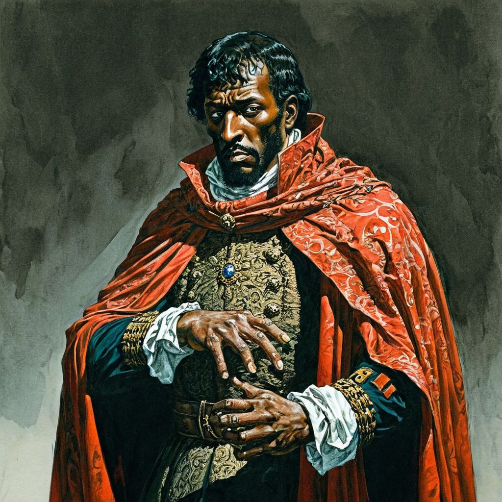 color illustration in berniewrightson style, extremely detailed, masterpiece, tenebrism, high contrast, 
Othello - Moorish military garb with Venetian cape, stern, holding a delicate handkerchief between fingers. ,  hero pose, 
  <lora:BernieWrightson_Style_XL_V4.1:0.7>