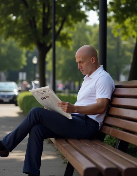 <lora:Hitman (World of Assassination)_epoch_5:1>,a bald man spy of sports build in a polo shirt sits on a bench and pretends to read a newspaper,he's actually quietly watching someone,city,in summer,