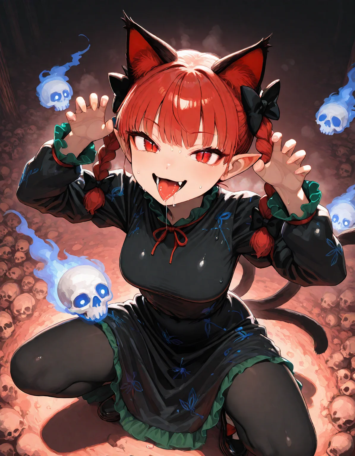 munakata_(sekimizu_kazuki), hamada_yoshikazu,negative space, cinematic shot, masterpiece, highres, absurdres, newest,  wide shot, ,slimes_skullwm,made of skulls,kaenbyou_rin, touhou, 1girl, pink_hair, red_eyes, solo,animal_ears ,black_bow, black_dress , braid,breasts, cat_ears , dress,extra_ears, fang ,frilled_dress ,frills, hair_bow ,large_breasts ,long_eyelashes  ,long_sleeves ,looking_at_viewer ,multiple_hair_bows, pointy_ears ,red_bow , red_hair, slit_pupils, smil,tight_clothes ,tight_dress, twin_braids ,fang, crazy_eyes ,seductive smile, steaming body, in heat, sweaty,paw_pose , squatting, tongue, tongue_out , saliva,saliva_trail ,saliva_drip ,open mouth, from above, surround by skull,
<lora:SlimesSkullWM:1> <lora:ponyv5_noobE11_1_adamW:0.7> <lora:illustrious_noobai_epsilon_pred_11_very_aesthetic_v1:0.7> , <lora:kaenbyou_rin_image6792_2023-12-20:0.6>