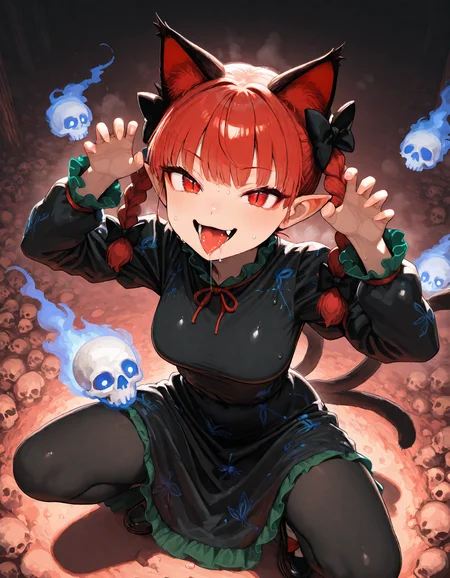 munakata_(sekimizu_kazuki), hamada_yoshikazu,negative space, cinematic shot, masterpiece, highres, absurdres, newest,  wide shot, ,slimes_skullwm,made of skulls,kaenbyou_rin, touhou, 1girl, pink_hair, red_eyes, solo,animal_ears ,black_bow, black_dress , braid,breasts, cat_ears , dress,extra_ears, fang ,frilled_dress ,frills, hair_bow ,large_breasts ,long_eyelashes  ,long_sleeves ,looking_at_viewer ,multiple_hair_bows, pointy_ears ,red_bow , red_hair, slit_pupils, smil,tight_clothes ,tight_dress, twin_braids ,fang, crazy_eyes ,seductive smile, steaming body, in heat, sweaty,paw_pose , squatting, tongue, tongue_out , saliva,saliva_trail ,saliva_drip ,open mouth, from above, surround by skull,
<lora:SlimesSkullWM:1> <lora:ponyv5_noobE11_1_adamW:0.7> <lora:illustrious_noobai_epsilon_pred_11_very_aesthetic_v1:0.7> , <lora:kaenbyou_rin_image6792_2023-12-20:0.6>