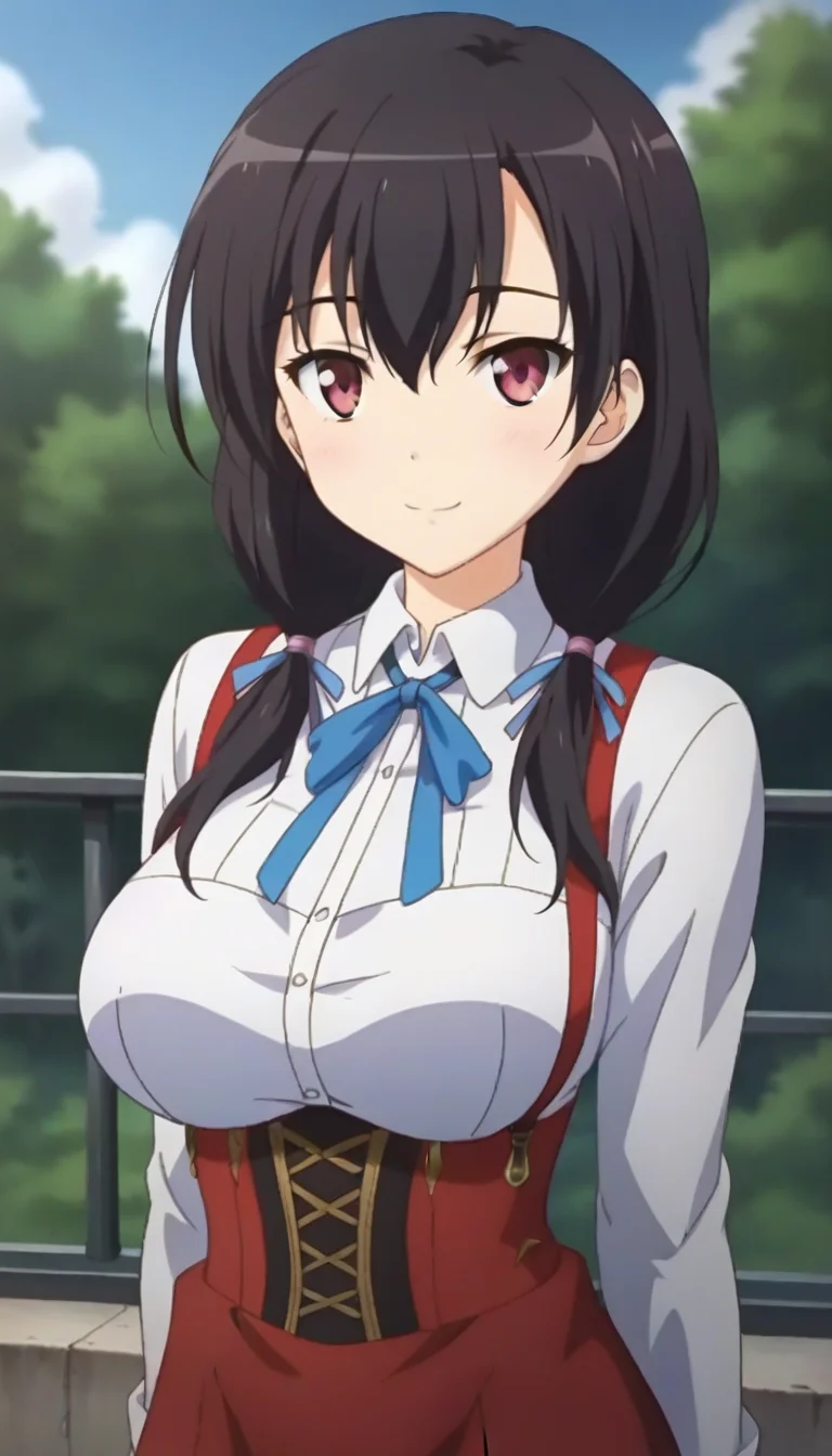 score_9,score_8_up,score_7_up,score_6_up BREAK official art,solo,outdoors,upper body,(portrait:1.5),looking at viewer,facing viewer,smile,blush,(petite:2),Sae Miura,long hair,black hair,low twintails,hair ribbon,hair over shoulder,hair between eyes,parted bangs,pink eyes,school uniform,white shirt,collared shirt,neck ribbon,blue ribbon,large breasts,underbust,long sleeves,shirt tucked in,suspenders skirt,high-waist skirt,red skirt,zettai ryouiki,black thighhighs,uwabaki,white footwear,<lora:Sae Miura(jk ohaborssg)-Pony:1.2>,