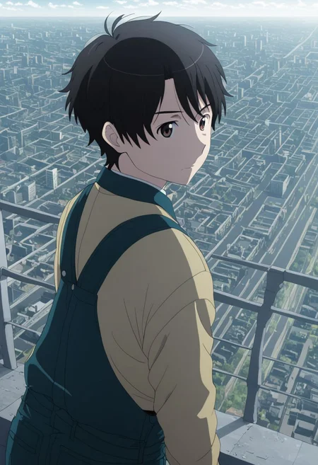 high resolution, solo, best quality, 1Boy, Inaho Kaizuka, Black Hair, Brown Eyes, high-rise, top of building, landscape, depth of field, OverallDetail