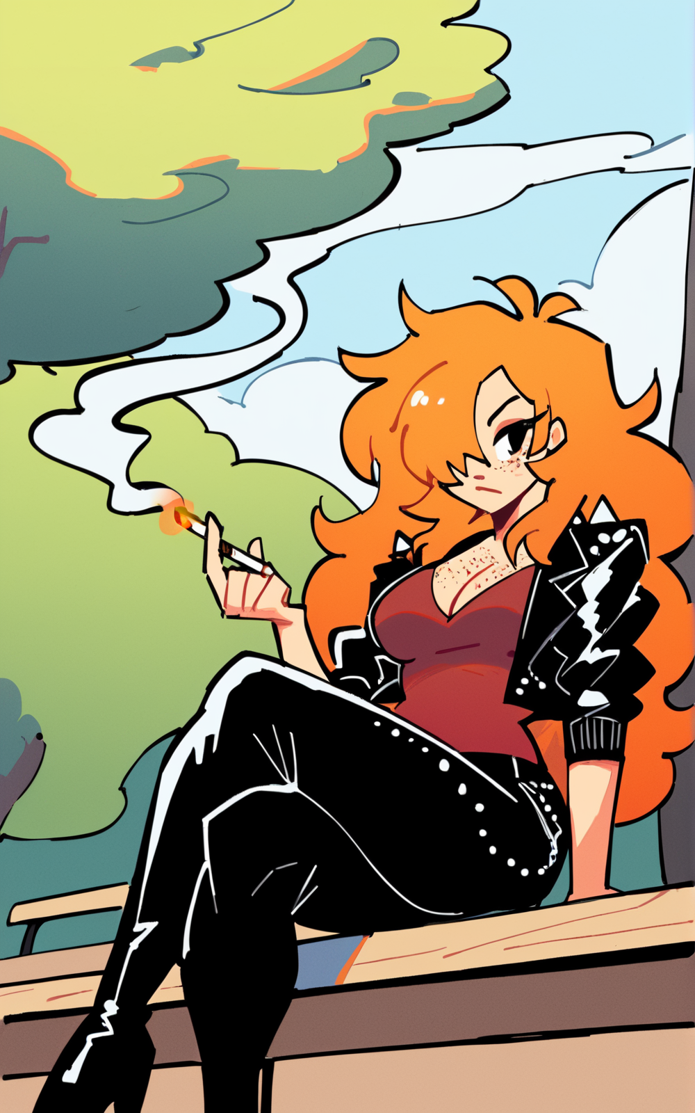 score_9, score_8_up, score_7_up,((best quality)), absurdres,  <lora:3d-2d:0.8>,  <lora:TigerNJPXL:0.8>,TigerNJPXL,long hair, orange hair, jacket, leather jacket, hair over one eye,long hair, pants, big hair,black jacket, black pants,red shirt,shirt,human,freckles,black eyes,park, sitting, bench, smoking,leaning back,holding cigarette,cleavage, crossed arms, crossed legs
