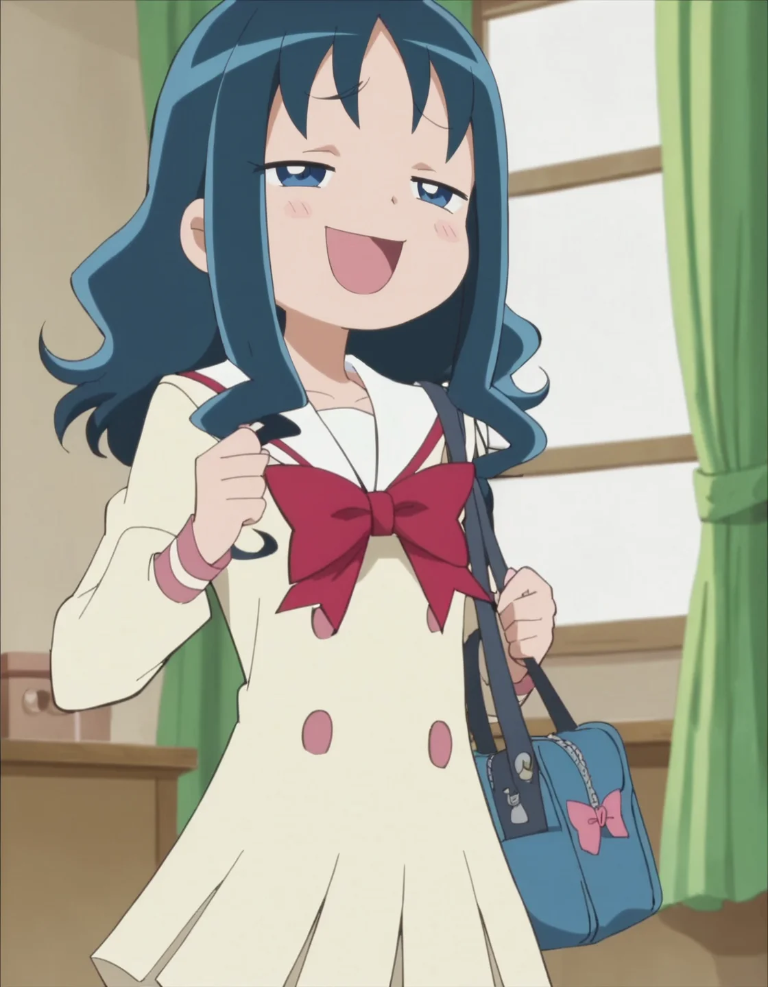 score_9, score_8_up, score_7_up, anime screencap, solo,1girl,kurumierika, school uniform, open mouth, smile, bow,cowboy shot,small breasts,blush,smug<lora:kurumierika:0.8>
