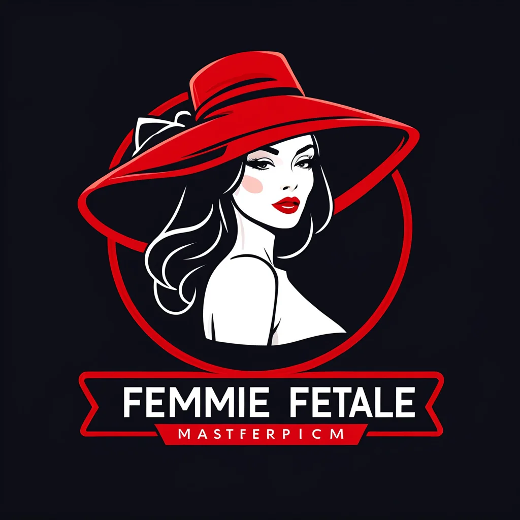 logomkrdsxl, outline logo of woman wearing big hat and sexy red dress, simplistic art, logo, vector, text "femme fetale", <lora:logomkrdsxl:1>, best quality, masterpiece, dark background