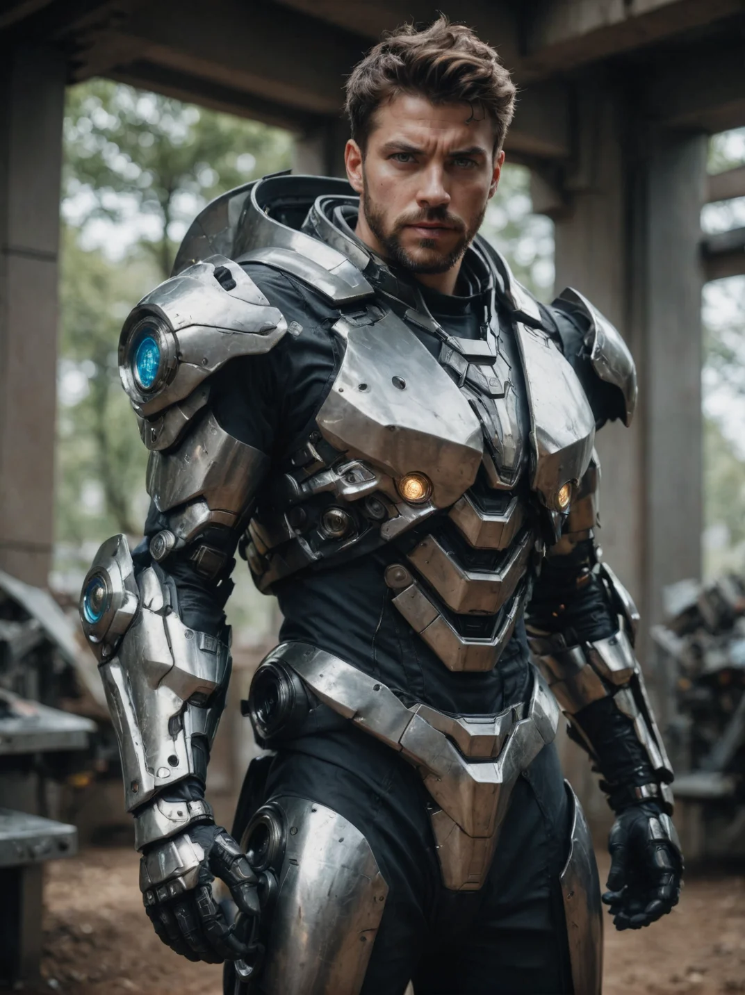 (masterpiece, best quality, ultra-detailed, best shadow), cinematic film still, photo of a man wearing a high tech scifi armor, mecha armor, male focus, armor, solo, facial hair, cape, beard, looking at viewer, blue eyes, blurry background, power armor, knee protection, standing, brown hair, science fiction <lora:aesthetic_anime_v1s:1.2>