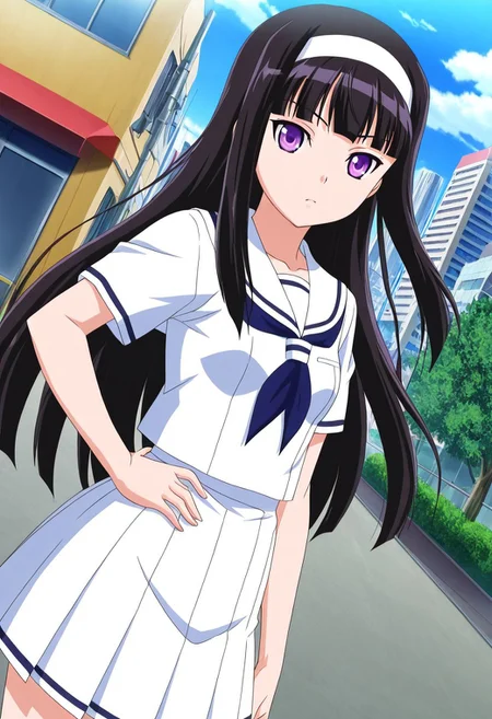 general,highres, ultra-detailed,very aesthetic,best quality ,best hands,best eyes,easynegative,
dynamic angle, dutch angle, anime cloring,anime screencap,
1girl solo,looking at viewer,city,outdoors,hand on hip,
Midori Byakudan,black_hair, long_hair ,hairband, white band, purple eyes, small breasts,serafuku,