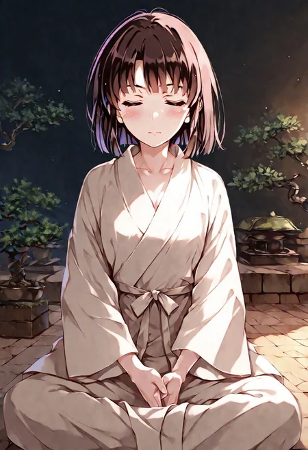 1girl, misaki_kurehito_2, katou megumi, Megumi,brown hair,kato megumi,brown eyes, short hair , medium breasts, bare shoulders, narrow mouth, solo, looking at viewer, masterpiece, best quality, simple linen meditation robe, muted earth tones, zen garden background, raked sand patterns, moss-covered stones, ancient bonsai trees, bamboo fountain, stone lanterns, meditation pose, eyes closed peacefully, incense smoke trails, morning mist, stone pathway, peaceful atmosphere, minimalist composition, soft diffused lighting, wide establishing shot, tranquil mood