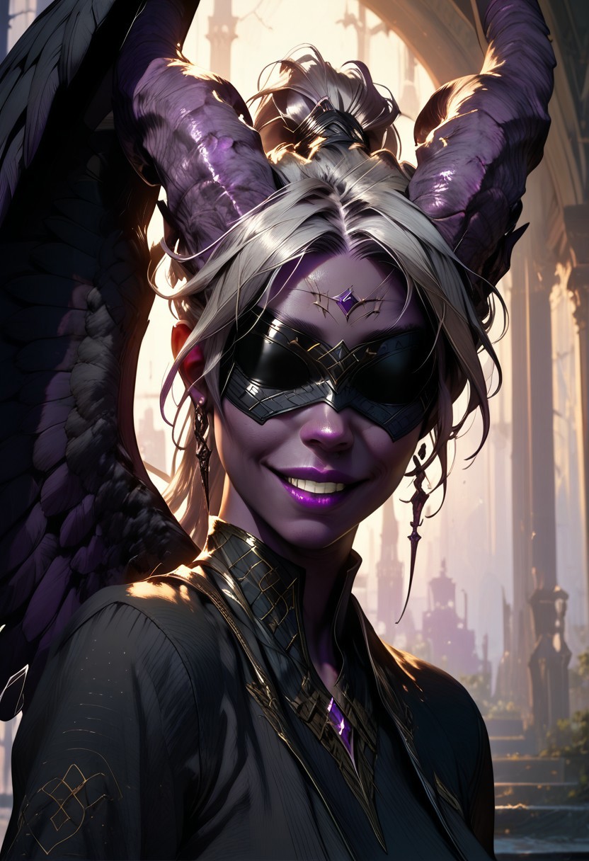 (absurdres, best quality, masterpiece:1.4), score_9, score_8_up, score_7_up, score_6_up, detailed, detailed body, detailed face, fantasy, 
(female, tiefling, h0rns, ram horns, black horns, tall, ((((dark purple skin, purple skin)))), ((long grey hair, ponytail)), black eyes, no pupils, no sclera, (((wingsd, black wings)))),
looking toward viewer, soft smile,
(simple black skirt, black shirt, blindfold, black cloth blindfold), 
depth of field, outdoors, harbour, evening, lamp posts