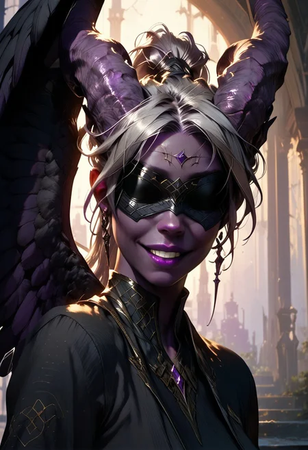 (absurdres, best quality, masterpiece:1.4), score_9, score_8_up, score_7_up, score_6_up, detailed, detailed body, detailed face, fantasy,
(female, tiefling, h0rns, ram horns, black horns, tall, ((((dark purple skin, purple skin)))), ((long grey hair, ponytail)), black eyes, no pupils, no sclera, (((wingsd, black wings)))),
looking toward viewer, soft smile,
(simple black skirt, black shirt, blindfold, black cloth blindfold),
depth of field, outdoors, harbour, evening, lamp posts