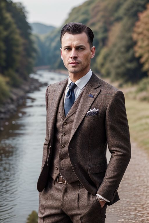 ((epic and classy portrait, high quality, close-up, a man in a suit standing next to a river, old wool suit, tweed colour scheme, tailored clothing, suit and waistcoat, stylish, classic style, tan suit, elegant, handsome)), dramatic lighting, portrait photography, professional photograph, HD, 4k, UHD, highly detailed, vintage, retro, old-fashioned, classic, classy, elegant, (trending on Instagram, trending on ArtStation, professional photograph)