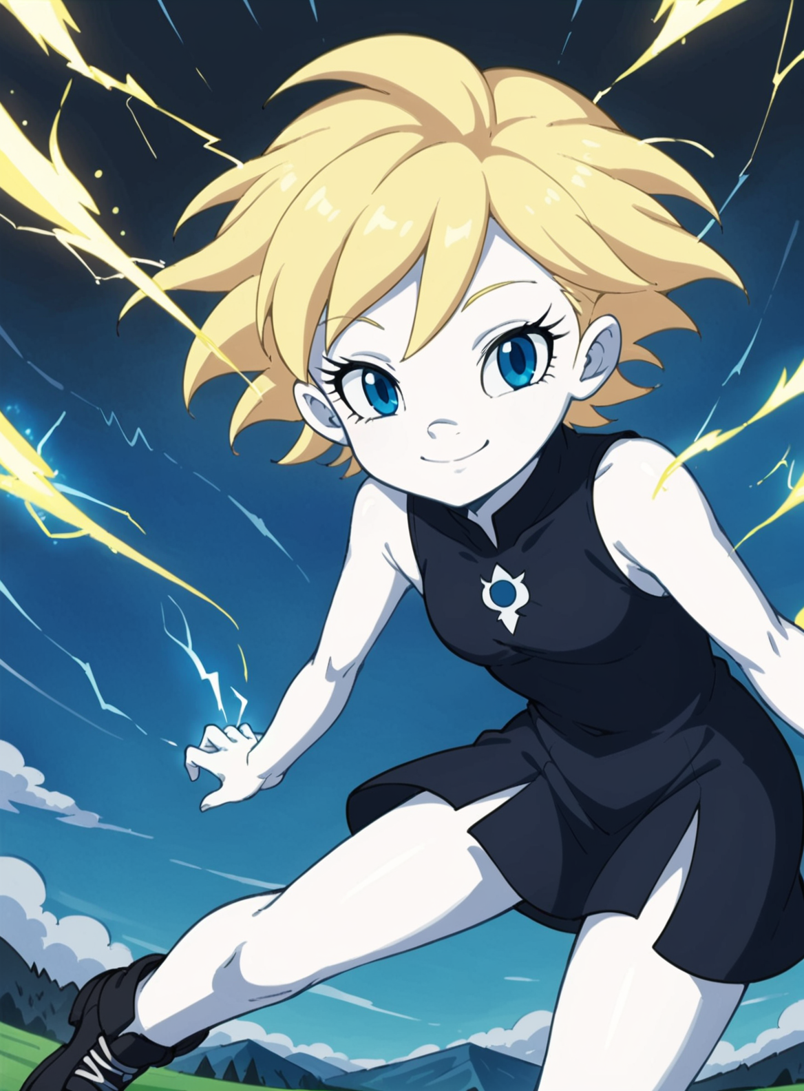 score_9, score_8_up, score_7_up,  source_anime BREAK, 1girl, solo, solo focus, windy(dragon tales), windypony,  monster girl, white skin, blue eyes, blonde hair.  short hair, sidelocks, blue sky, full body, Black cloud dress, dress made out of black clouds, short dress , Sleeveless dress, sleeveless, black footwear, shoes, Standing   smile, closed mouth, Electricity,  electrokinesis, hair between eyes ,electricity in hair, glowing hair, thunderstorm, tornado,  lightning,  wind,  looking at viewer,  floating,  black clouds covering the sky, dark clouds, night, close up, pov,  <lora:Windy_the_whistling_wind_dragon_tales:0.9>