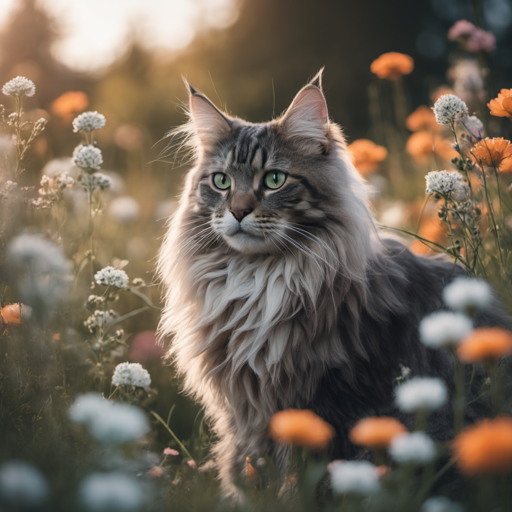 80mm raw, lightroom, professional photo of norwegian forest cat in flowers and grass fade, slate gray, cinematic colors, glowing,(teal and orange:0.7)