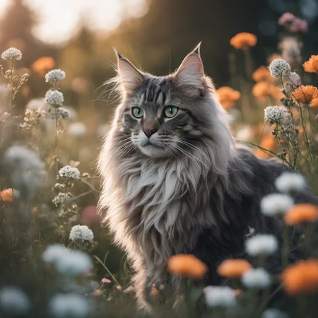 80mm raw, lightroom, professional photo of norwegian forest cat in flowers and grass fade, slate gray, cinematic colors, glowing,(teal and orange:0.7)