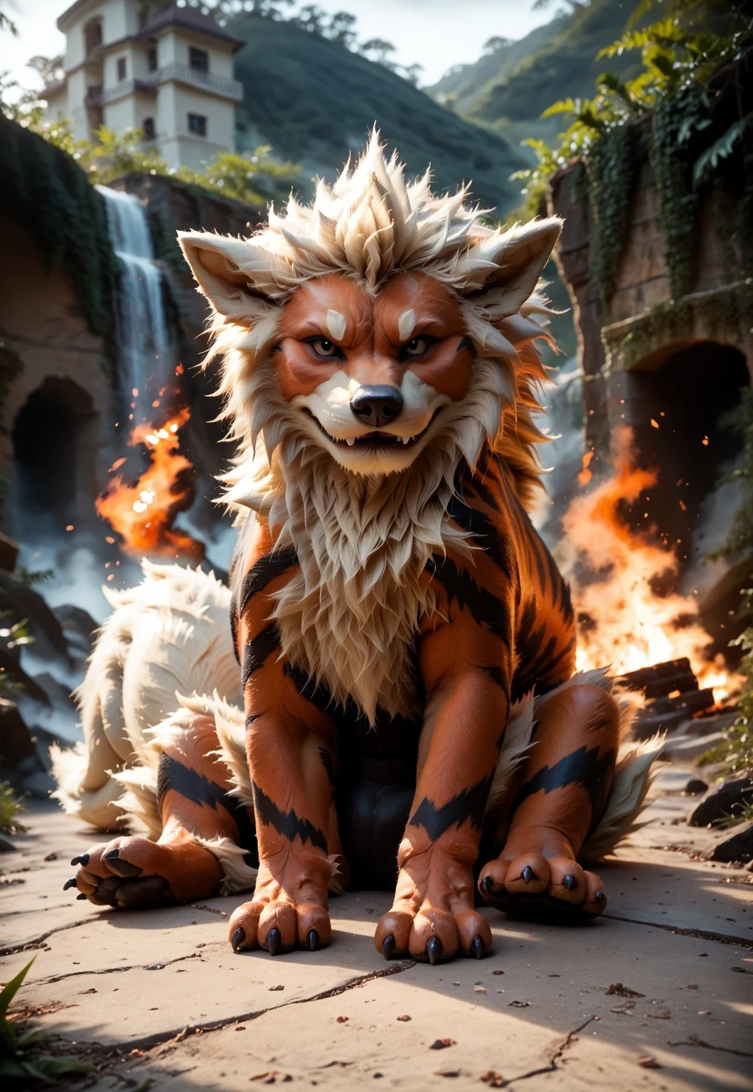 score_9, score_8_up, score_7_up, score_6_up, source_furry, dof, full-length portrait, solo, blurred background, arcanine, pokemon (creature), cinematic, action, dynamic angle, feral, realistic lighting, photorealistic, fire in background, portrait, sitting