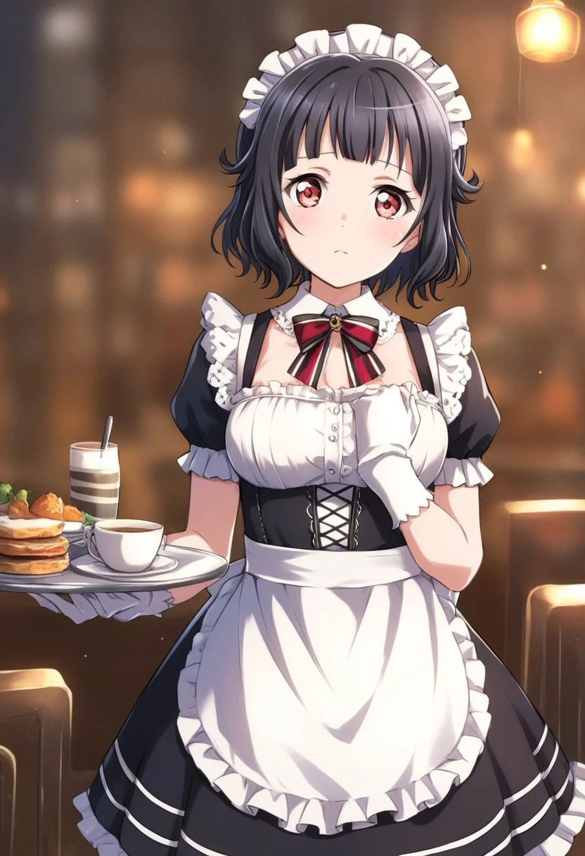 1girl, solo, bang dream!, ushigome rimi, black hair, brown eyes, short hair, bangs, maid dress, frills, maid headdress, (SuperQuality), red eyes, cafe background, breast view, incredibly absurdres ,medium breast, score_9,score_8_up,score_7_up,score_6_up,source_anime,