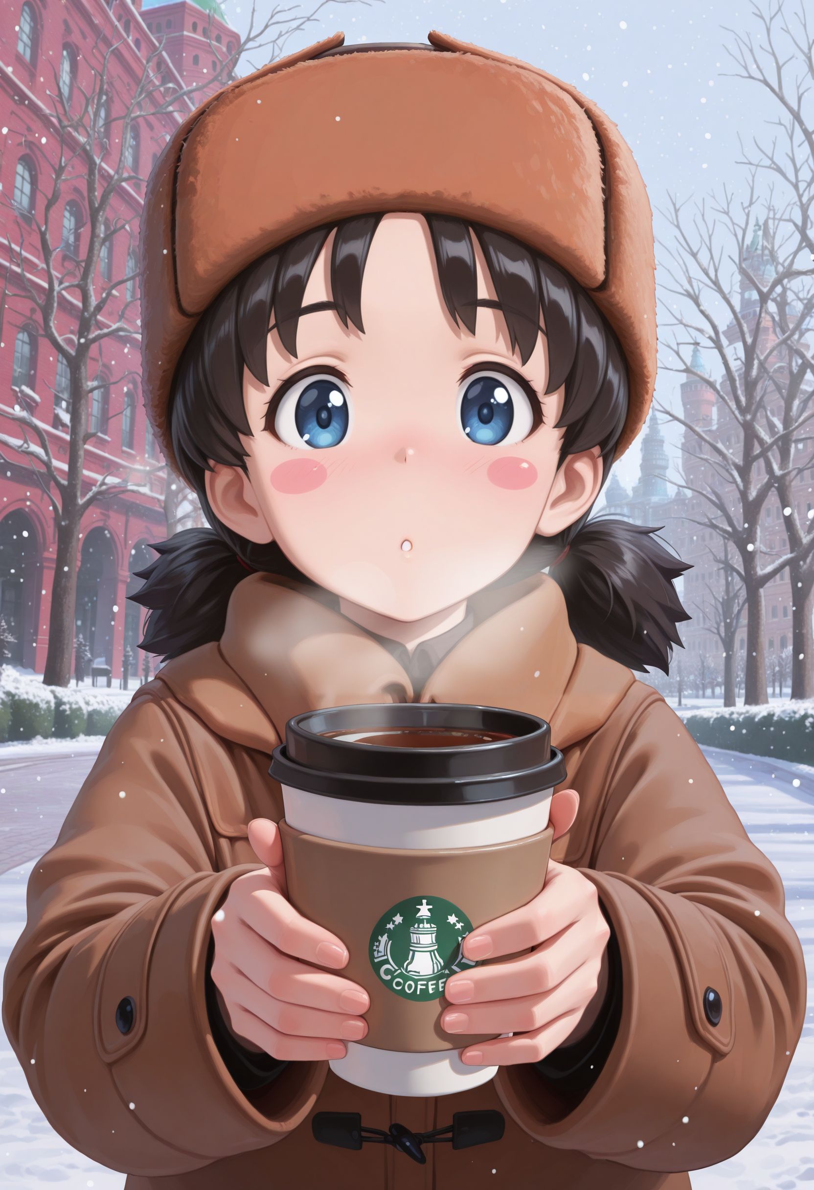masterpiece, best quality, amazing quality, very awa, looking at viewer,
 <lora:Nina illu:1> 1girl, black hair, short hair, short twintails, blue eyes, blush stickers, 
winter clothes, papakha, fur hat, incoming drink, giving, holding cup, coffee cup, outdoors, european architecture, moscow, park, bare tree, snowing,