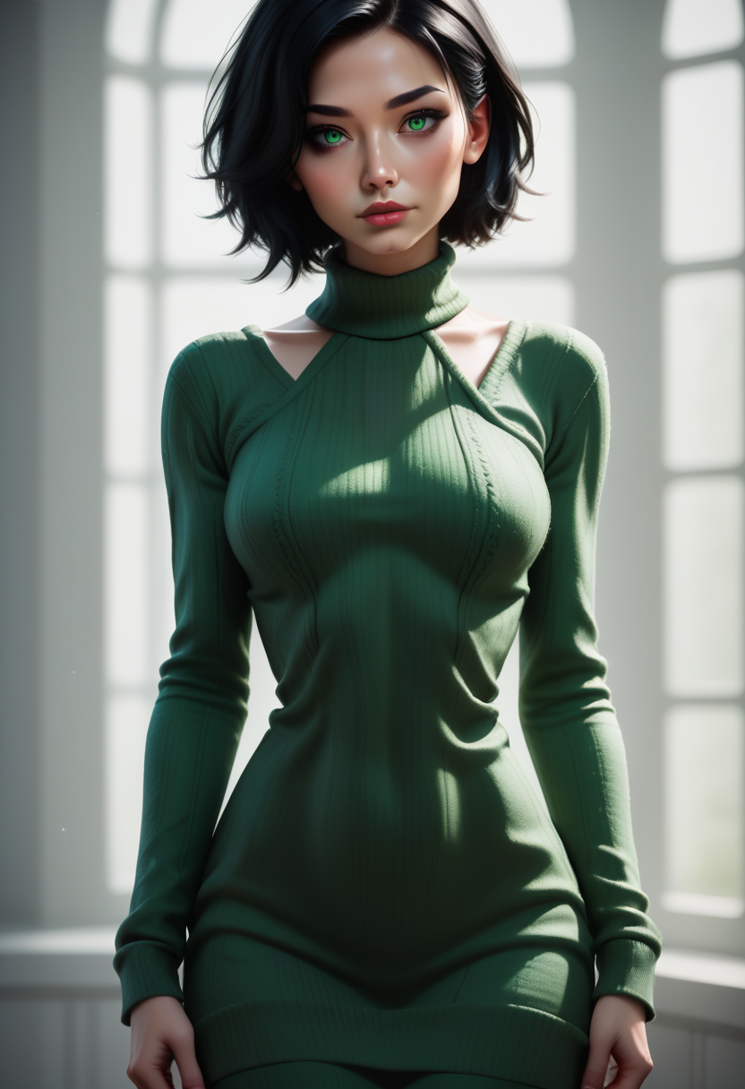 score_9, score_8_up, score_7_up, 1girl, solo, sexy sweater dress, green dress, <lora:Dark_Jade_Pony_v0.2:0.5> d4rk_j4d3, black hair, green eyes,