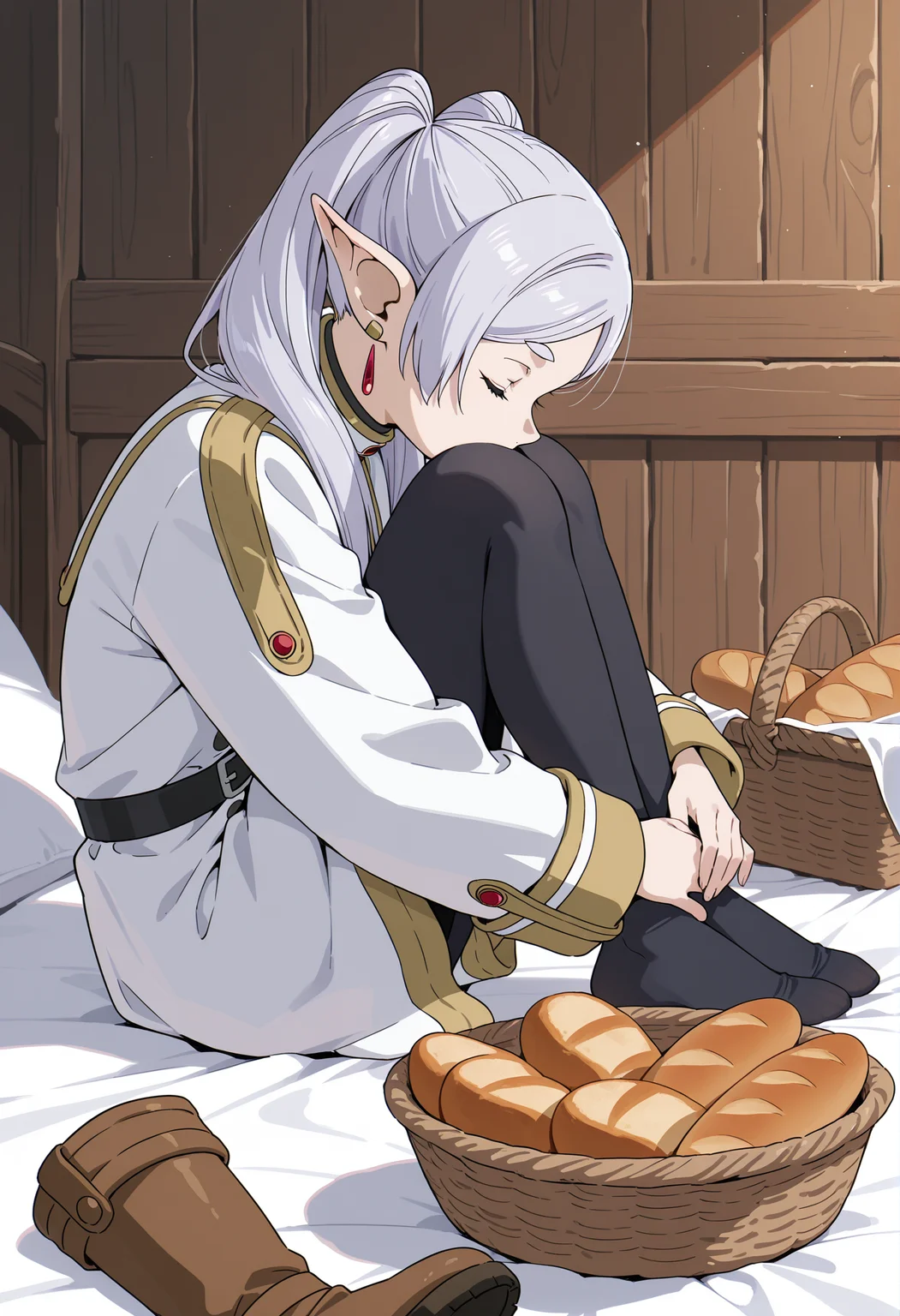Frieren,Frieren,frieren,solo,sitting,pantyhose,bread,bed,basket,earrings,jewelry,black pantyhose,boots,brown footwear,food,on bed,knees up,indoors,closed eyes,profile,knees to chest,white dress,unworn boots,long sleeves,wooden wall,full body,hugging own legs,belt,from side,dangle earrings,dress,
