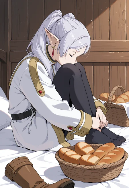 Frieren,Frieren,frieren,solo,sitting,pantyhose,bread,bed,basket,earrings,jewelry,black pantyhose,boots,brown footwear,food,on bed,knees up,indoors,closed eyes,profile,knees to chest,white dress,unworn boots,long sleeves,wooden wall,full body,hugging own legs,belt,from side,dangle earrings,dress,