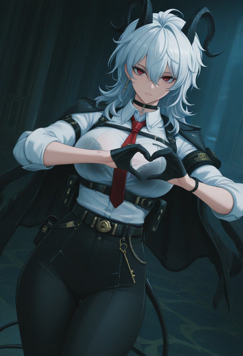1girl, solo, dynamic pose, dynamic angle, looking at viewer, curvy, heart hands duo, zani_ww, red eyes, white hair, hair between eyes, long hair, messy hair, ahoge, demon girl, horns, demon tail, jewelry, single earring, key earring, black choker, white shirt, button gap, collared shirt, armband, arm pouch, red necktie, black jacket, jacket on shoulders, black gloves, half gloves, belt, black pants, bra visible through clothes, black bra, harness, masterpiece,best quality,amazing quality,