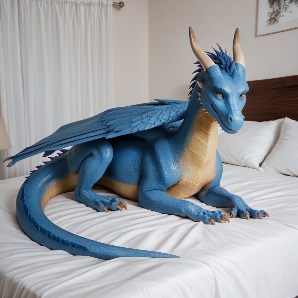 core_9, score_8_up, score_7_up, score_6_up, masterpiece, high quality, realistic, detailed, best quality, 1girl, solo, rating_safe, source_furry, bedroom, smiling, seductive, looking at viewer, on bed, negative_hand, full body, feral, Saphira_eragon, dragon, blue scales, feathered wings, horns, tail, blue eyes, feral, female, 1girl