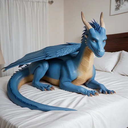 core_9, score_8_up, score_7_up, score_6_up, masterpiece, high quality, realistic, detailed, best quality, 1girl, solo, rating_safe, source_furry, bedroom, smiling, seductive, looking at viewer, on bed, negative_hand, full body, feral, Saphira_eragon, dragon, blue scales, feathered wings, horns, tail, blue eyes, feral, female, 1girl