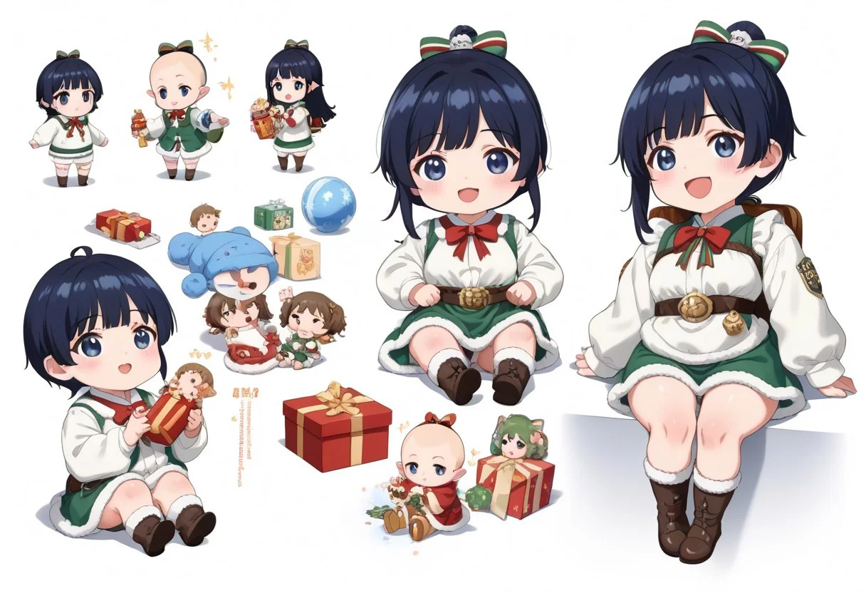 chibi solo, 1girl, medium black hair fluffy blue hanfu, wide long sleeves white hanfu, funny, chibi sitting, infant, toddler,
Fat chibi open christmas gifts, medium, baby, infant, toddler,
 Toy plushie, opened mouth, smile, giggled, white background, christmas party, chibi, chibi, infant, force side view, force from side,
