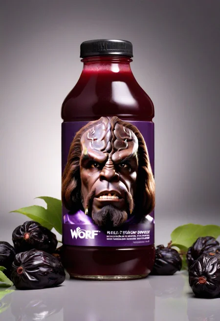 realistic product photograph, a bottle of prune juice with the face of Worf