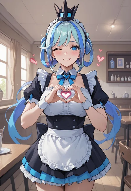 score_4,score_5,score_6,score_7_up,score_8_up,score_9 ((masterpiece,best quality,ultra detailed,highres,HD,4k:1.2)),
1girl, solo,solo focus,girl focus,face focus,
blue hair,two-tone hair,multicolored hair,streaked hair,single hair bun,crown,blue eyes,large breasts,
Maid outfit,Sleeveless, maid headband, frilly apron,Short sleeves, short skirt, thighs,
inside the cafe, ((Make a heart symbol with both hands, heart with both hands,heart hands,heart symbol,heart,heart effect,)),
blush,shy,smile,((wink,closed one eye)),