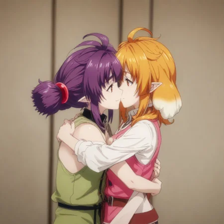 score_9, score_8_up, score_7_up, score_6_up, score_5_up, score_4_up, source_anime, 2girls
1st girl= Roxanne, blonde hair, brown eyes, orange hair, shiny hair, dog girl, floppy ears, soft smile.
2nd girl= Sherry, short hair, red eyes, twintails, purple hair, small breasts, pointy ears, soft smile.
2girls hug and kiss each other tightly.