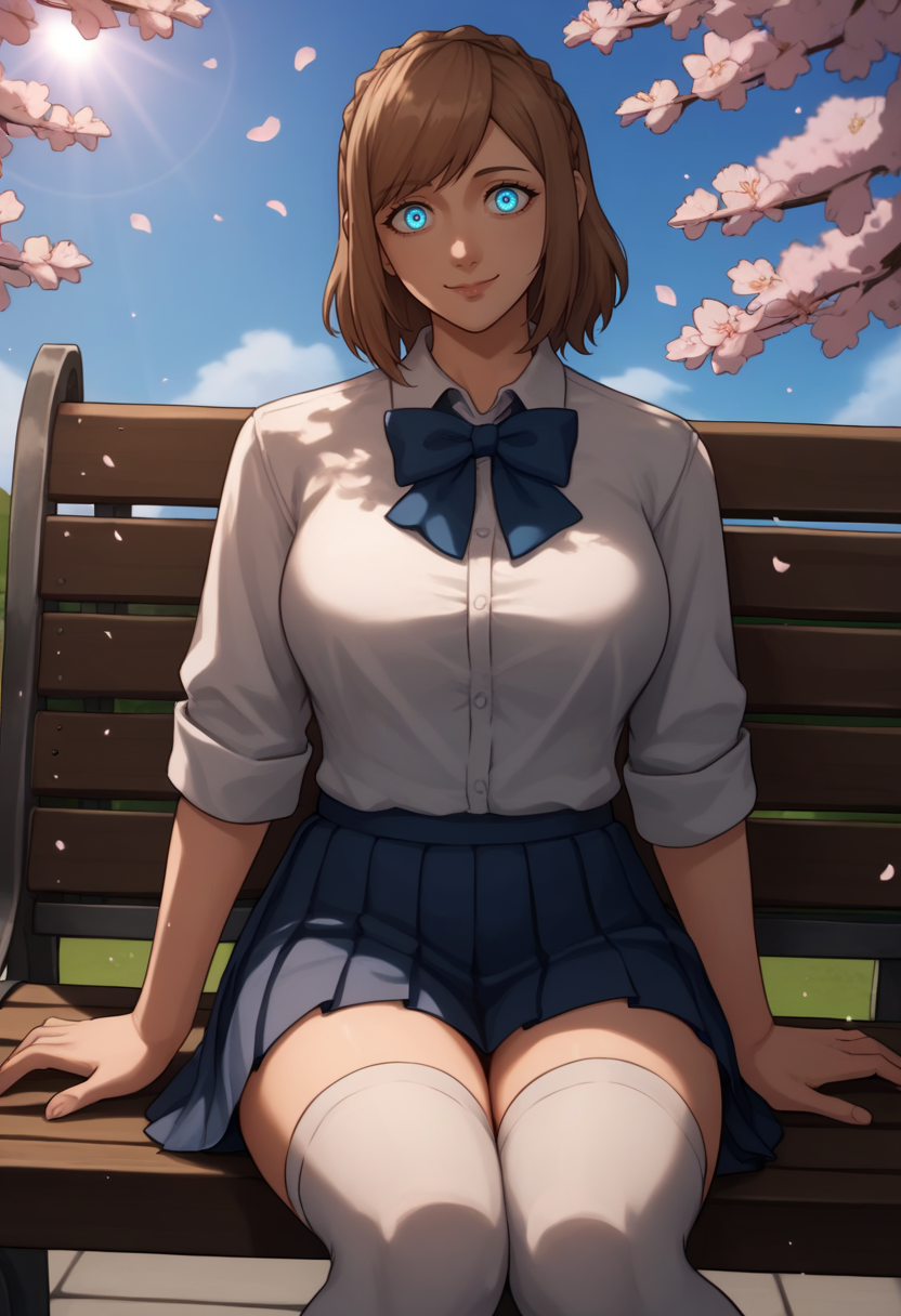 score_9, score_8_up, score_7_up, BREAK 1girl, looking at viewer, cowboy shot,
<lora:AthenaDwnsty-000006:0.8>, athenaffxiv, brown hair, crown braid, medium hair, blue eyes, crazy eyes, white shirt, collared shirt, bowtie, pleated skirt, blue skirt, school uniform, white thighhighs, outdoors, sunlight, school yard, cherry blossoms, blue sky, bench, outdoors, sunlight, school yard, cherry blossoms, blue sky, bench, sitting, on bench,
closed mouth, light smile, large breasts,