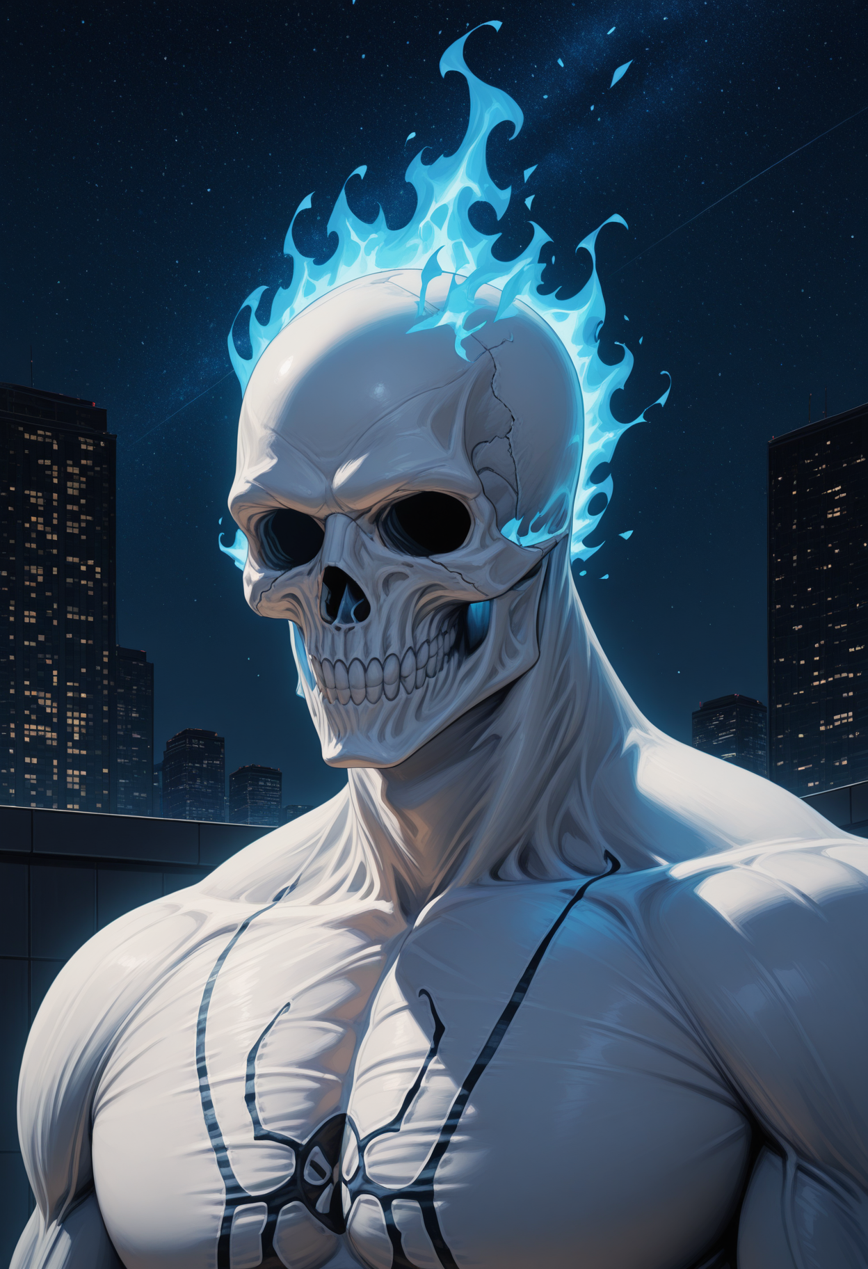 solo, 1boy, male focus, portrait, close-up, sp1r1tsu1t, blue fire head, no eyes, skull head, muscular, broad shoulders, big pecs, outside, starry sky, night, rooftop, skyscraper,
perfect anatomy, masterpiece, perfect quality, best quality, detailed, newest, very aesthetic <lora:SpiritSuit_MarvelsSpider-Man_V1_ILXL:0.85>