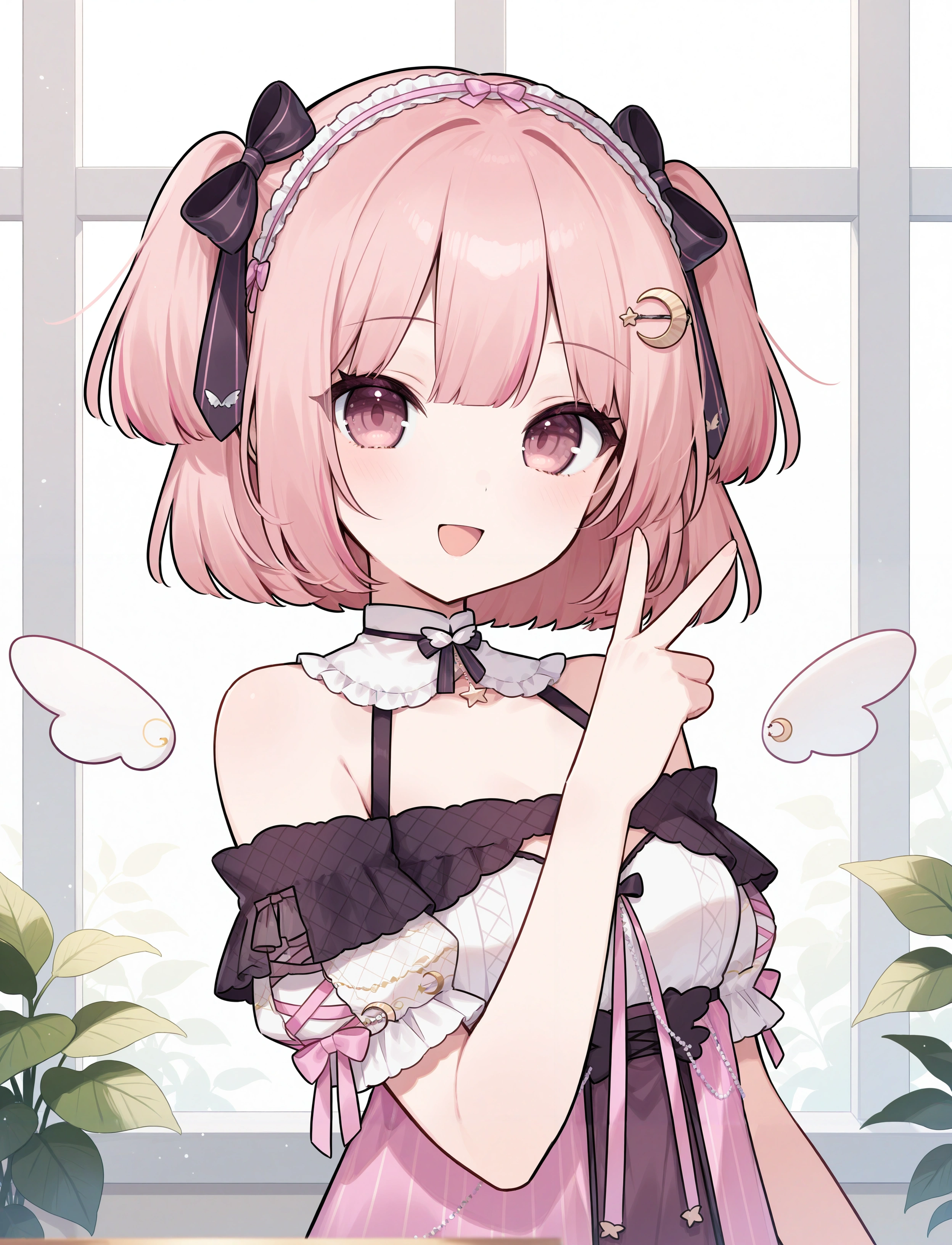 1girl,
lemonleaf, crescent hair ornament, pink hair, two side up, 
detached sleeves, short sleeves, smile, :d, looking at viewer, pose,
detailed background,
masterpiece, very awa
<lora:char_lemonleaf-ill-v1.1:1>