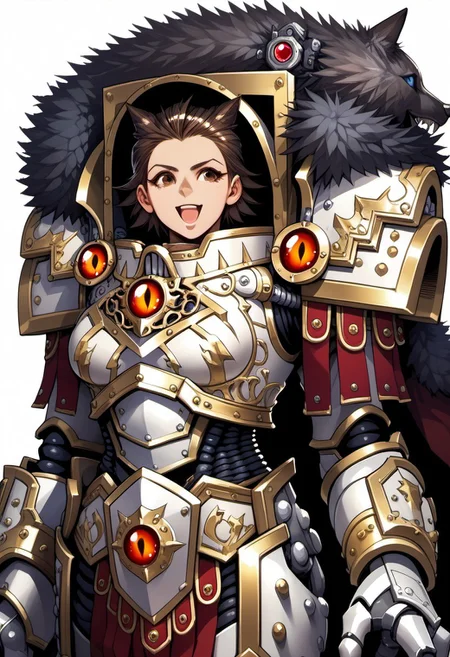 Score_9, score_8_up, score_7_up, score_6_up, score_5_up, score_4_up, FMIXF, 1girl, solo, IrisXL, brown hair, short hair, hair slicked back, brown eyes, breasts, white armor, shoulder armor, gauntlets, cape, fur trim, smile, open mouth, hands on hips, simple background, white background