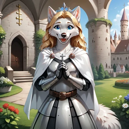 anthro, female dog, white fur, blue eyes, long blonde hair, silver knight armor, armored skirt, praying, medieval castle, garden, arch, canine teeth, fluffy tail, ear tuft, silver cross necklace, silver tiara, open smile, stone wall, white cape, belt, solo,
