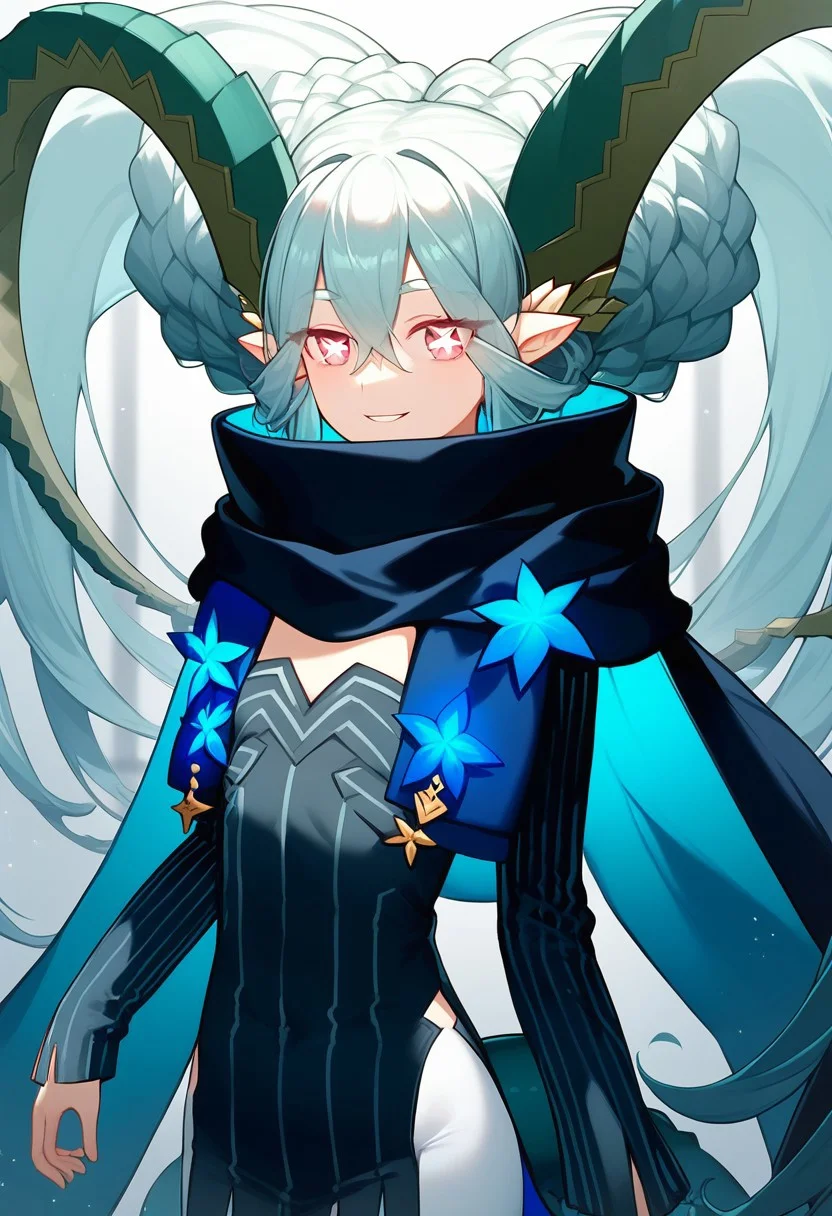 score_9, score_8_up, score_7_up, professional anime,1girl,female,solo,(Tiamat from fate grand order),horns, pointy ears, blue hair, symbol-shaped pupils, pink eyes, double bun, braid, twintails, scarf, short dress, black dress, long sleeves, sleeves past fingers, white pantyhose, tail,petite girl,short female,short girl,petite female,age regression, perfect body,smile,room