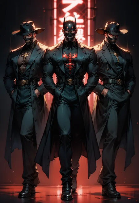 (score_9, score_8_up) ,score_7_up, 3men, bara, mask, face mask, face covered, full body pose, black hat, looking at viewer, shadow men, in all black, sinister, red glowing eyes, gloomy, unholy, hands behind back, black trench coat, all black attire, dark background, simple background, neon lights, gothic, arrogant, blurry background, black background, gritty, chaotic, Cinematic quality rendering, dark lighting
<lora:DetailedEyes_V3:0.5> <lora:add-detail-xl:0.5> <lora:masky-000011:0.5>