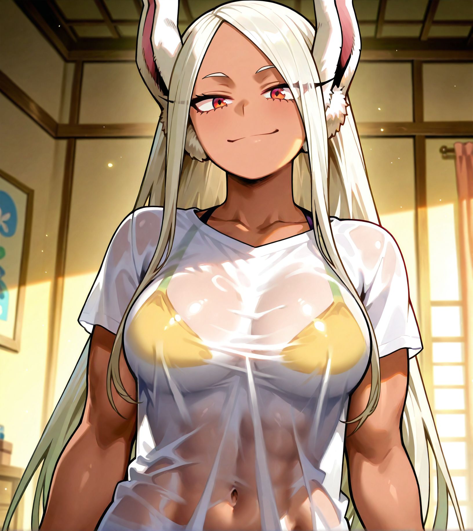 masterpiece best quality newest absurdres highres detailed eyes beautiful detailed background perfect eyes anime coloring anime screencap<lora:add-detail-xl:0.5>,
<lora:sheer_clothing:0.9>,sheer_clothingV1,
1girl,breasts,solo,
navel,white shirt, see-through clothes, 
sheer clothing with breasts,
BREAK
mirko, 
boku no hero academia, official art, 
mature female, 20YO,
