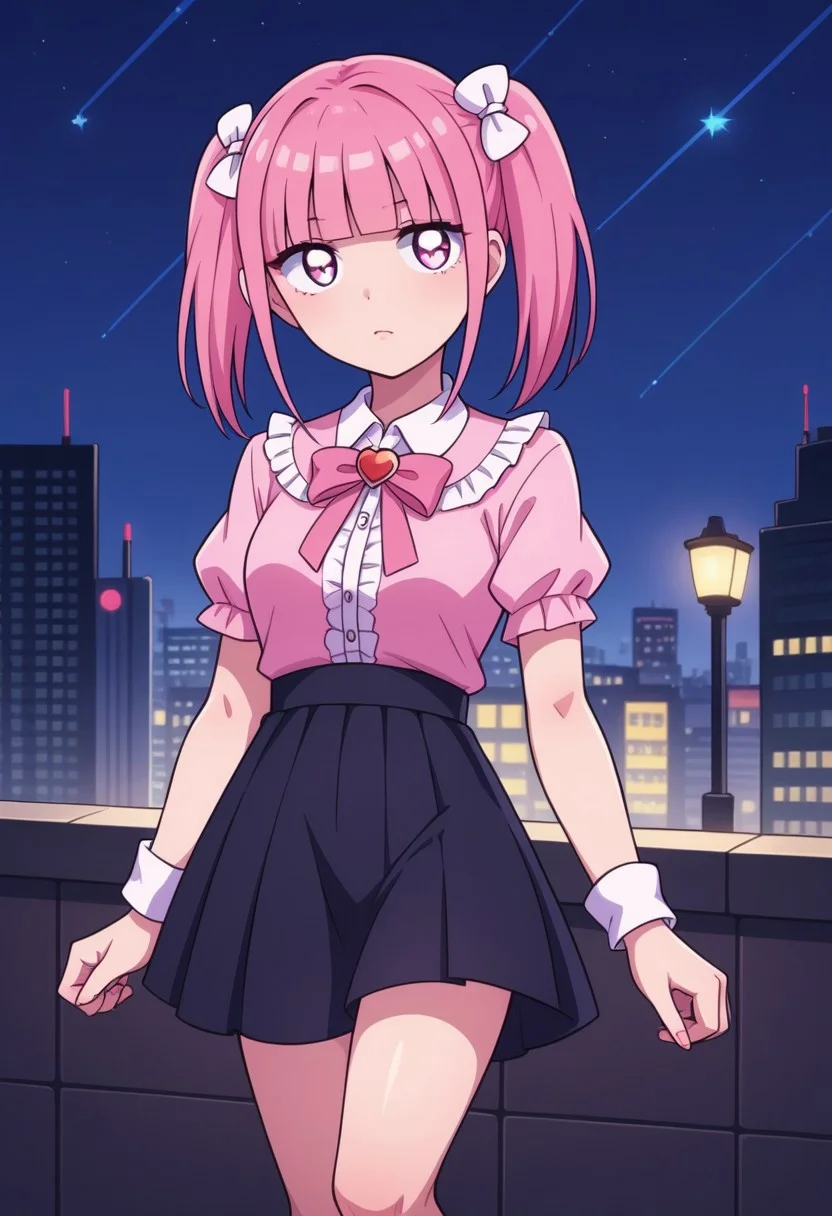 score_9, score_8_up, score_7_up,
masterpiece, best quality, detailed, amazing quality,
detailed background, city, night, city lights,
detailed eyes, clean eyes,
dynamic pose,
easynegative,
solo, 1girl, menhera-chan, jirai kei, frilly, pink blouse, black skirt,