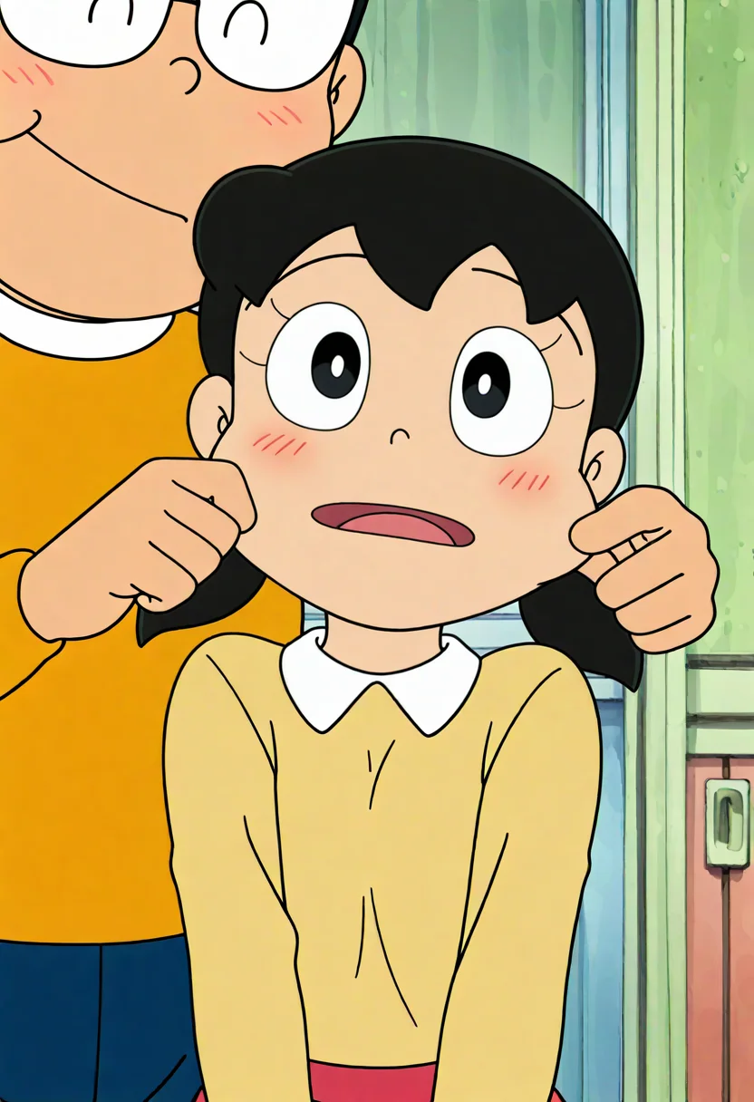 masterpiece, best quality, absurdres, highres, detailed background, <lora:hyperSD8:1>,
<lora:shiZUKA_CULTY:1>1boy, nobi nobita,glasses, yellow shirt, 1girl, minamoto shizuka, <lora:PinchingPOVOneHand_XLPD:1> cheek pinching, , cheek pull