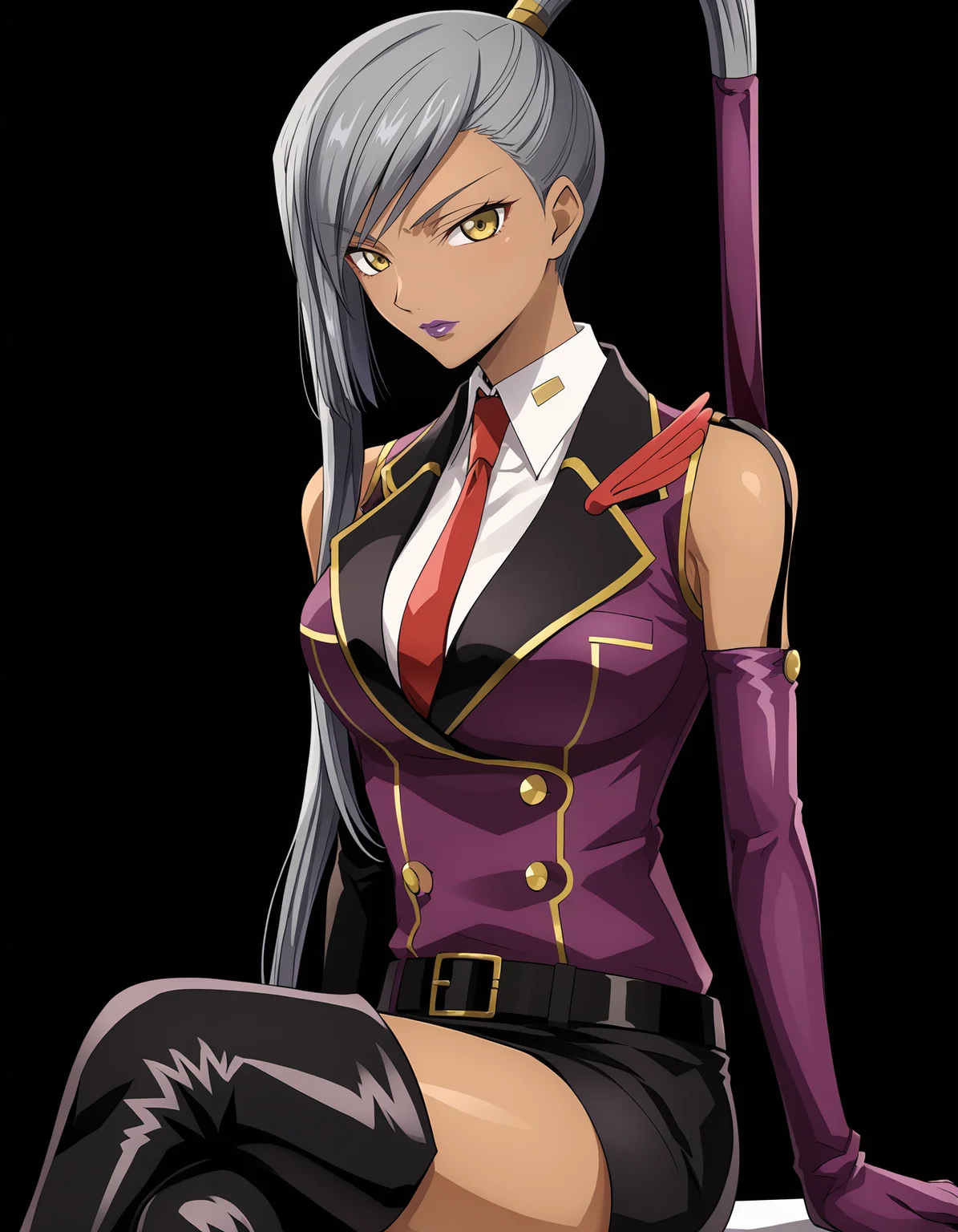 <lora:Villeta_Nu:1> villetta_nu, dark-skinned female, yellow eyes, grey hair, long hair, purple lipstick, ponytail,
thigh boots, collared shirt, red tie, elbow gloves, pencil skirt, black belt, sleeveless, buttons, white shirt, purple jacket,
looking at viewer, sitting, legs crossed,, 1girl, solo, simple black background, solid black background