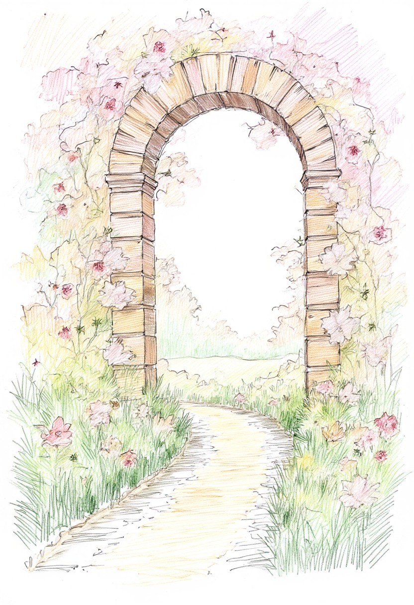Pencil color, strokes of a landscape, portait of a beautiful arch adored in lilies , gradual gradient of spectrum of light , split into different segments visually , perfect strokes