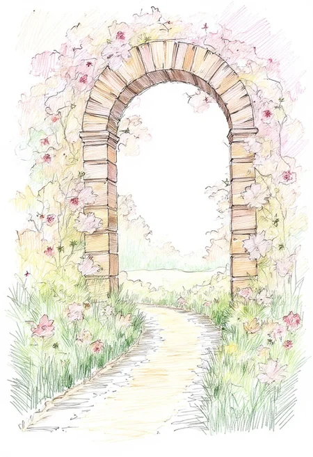 Pencil color, strokes of a landscape, portait of a beautiful arch adored in lilies , gradual gradient of spectrum of light , split into different segments visually , perfect strokes