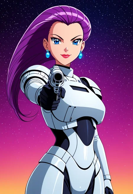Star Wars Movie Anime style {Jessie wearing a (white) and black stormtrooper armour, no lights on armour, no helmet, blue eyes, hair slicked back, long hair, purple hair, earrings, mischievous smile, pointing a laser gun, looking at viewer, lips,} . fantasy, futuristic, Anime, digital, vibrant, detailed, high contrast, reminiscent of the star wars genre, UHD, HDR, masterpiece, Cinematic lighting, cowboy shot, on an alien planet,