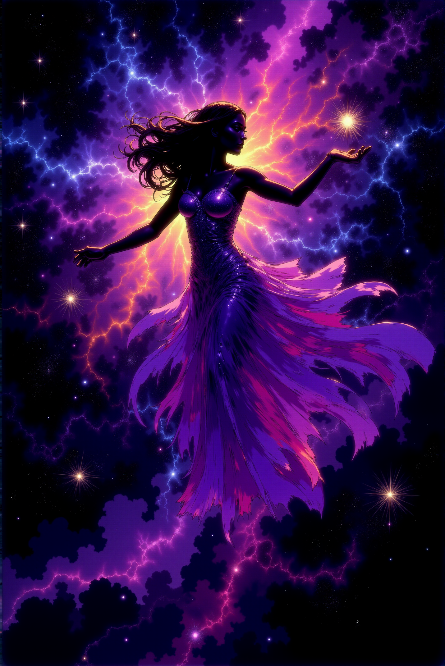 <lora:DGLO_style_v.7:0.75> DGLO style.
A celestial woman gracefully floats in the vastness of space, her silhouette glowing against the swirling hues of a vibrant nebula. Her flowing gown, adorned with specks of light resembling stars, seamlessly blends into the cosmic tapestry around her, creating the illusion that she is one with the universe. Her hair streams outward, shimmering with shades of violet and indigo, as if caught in an invisible cosmic breeze. Behind her, the nebula bursts with radiant colors—fiery oranges, electric blues, and deep purples—illuminating the surrounding stars. Tiny galaxies and constellations dot the scene, creating a serene yet powerful atmosphere. The woman’s expression is calm and contemplative, as though she holds the secrets of the cosmos within her being. This is a vision of harmony between humanity and the infinite.
