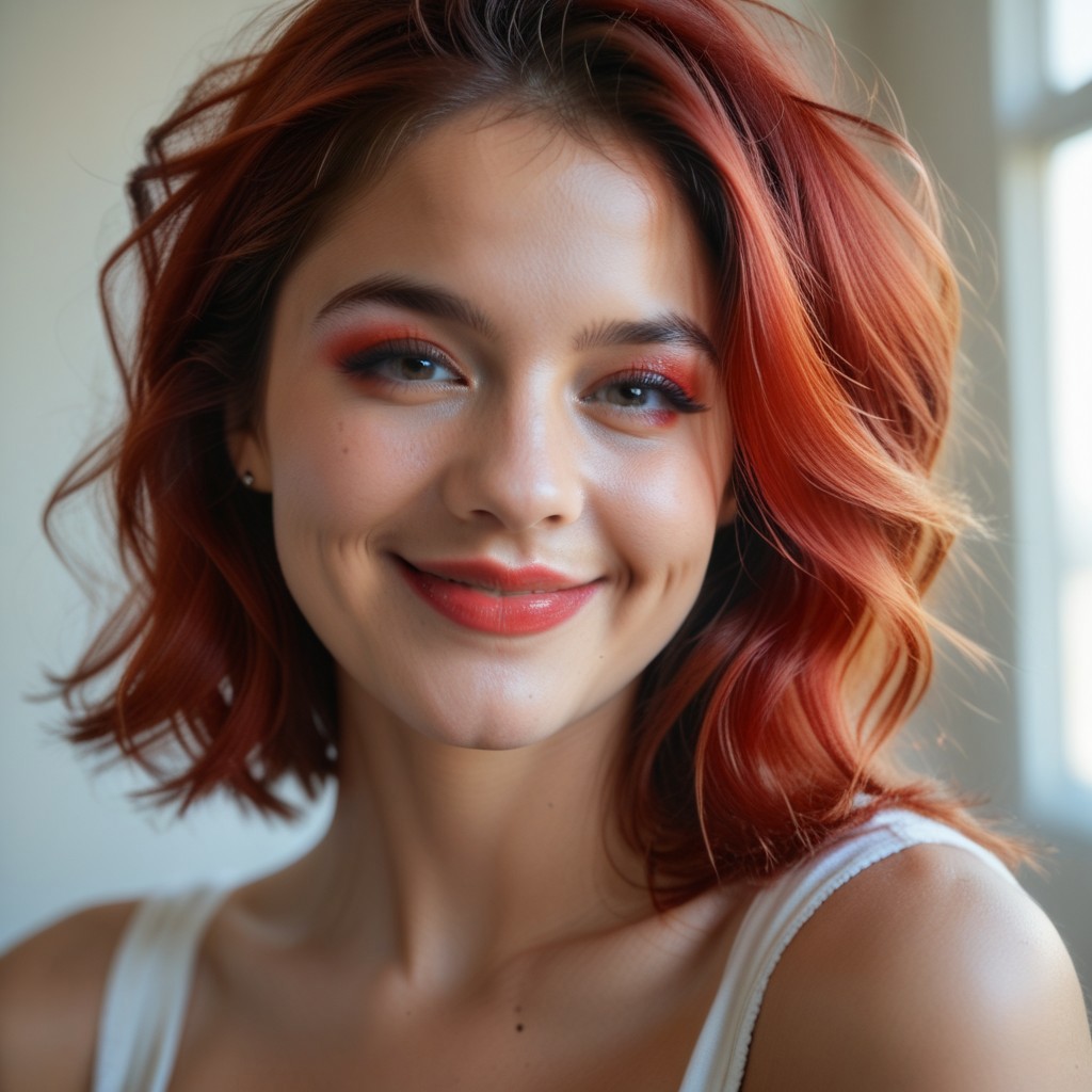 score_9, score_8_up, score_7_up, (solo), (1girl), Tiff, red hair, two-tone hair makeup, lipstick, (close-up), subtle smile, (photo realistic),